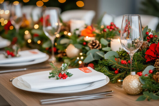 Charming Wallpaper Featuring A Rustic Dining Setting With A Long Wooden Table, Laid With Christmas-Themed Tableware, Evergreen Garlands, And Twinkling Fairy Lights, Evoking A Sense Of Togetherness