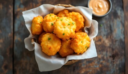 Pile of Crispy Hushpuppies Served with Dipping Sauce in a Basket (American Cuisine)