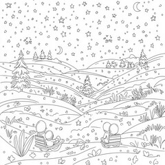 Fototapeta premium Children sleigh riding down a hill, coloring page for kids, simple outline illustration. Coloring book, simple lines.