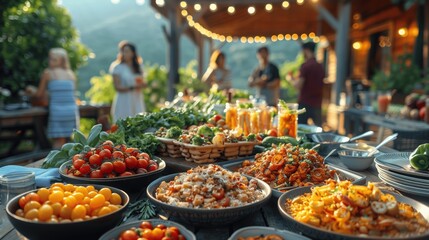 Fototapeta premium Summer Backyard Party with Grilled BBQ, Fresh Veggies, and Salads. Family and Friends Dancing, Celebrating with Music on House Porch