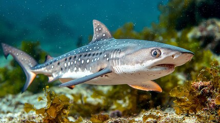 Fototapeta premium A spotted shark swims through turquoise water with kelp in the background.