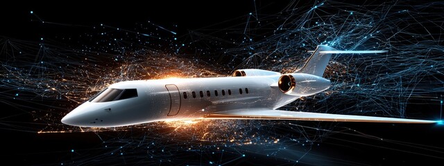Naklejka premium Futuristic Jet with Digital Elements and Spark Effects
