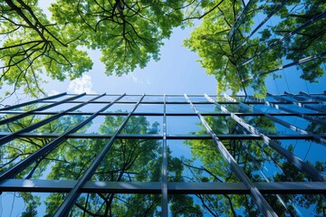 Sustainable Green Office Building with Tree Reflection on Glass Wall and Blue Sky Eco-friendly Design Modern Architecture Low Angle View