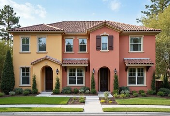 Fototapeta premium Colorful stucco finish traditional private townhouses. Residential architecture exterior