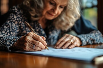 Senior woman signing documents with her husband, Generative AI