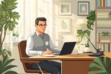 Obraz premium Man Working at Desk in Home Office with Plants