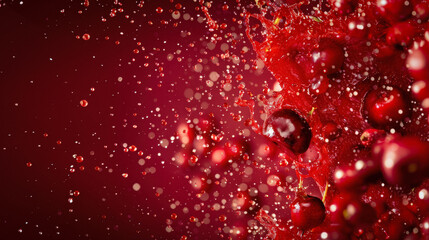 explosion of exotic red fruits, splashes, fruits around edges, empty center, red colors