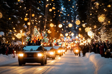 Families And Children Bundled In Winter Clothes, Waving At A Dazzling Parade Of Illuminated Floats And Performers, Set Against A Backdrop Of Twinkling Lights And Holiday Decorations