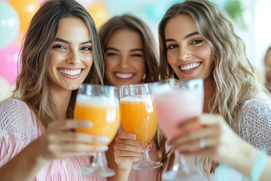 Women toasting with juices at baby shower party, Generative AI