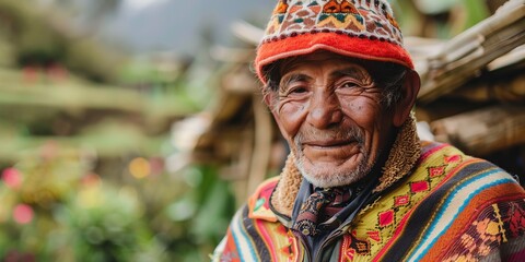 Obraz premium Elderly Man in Traditional Colorful Clothing Smiling Outdoors in Rural Setting with Greenery in Background