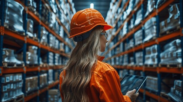Female Warehouse Worker Using Augmented Reality on Tablet for Inventory Management and Product Visualization in High-Tech Distribution Center - Powered by Adobe