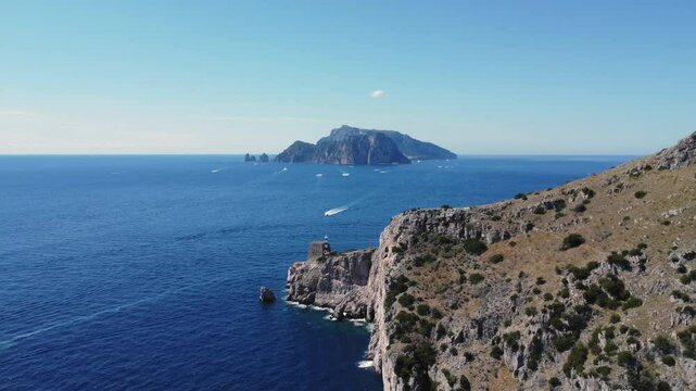Drone view of Capri from Baia Di Ieranto, Nerano, Naples, Italy