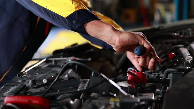 Slow motion. Close up mechanical hand with tools and spanner. Hispanic latin male mechanic repairs car in garage. Car maintenance and auto service garage concept