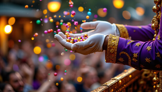 Mardi Gras parade float with hands throwing beads into cheering crowd