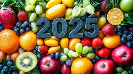 A colorful fruit display with the number 25 written in black letters