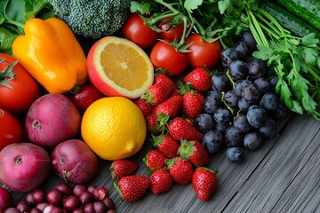 A vivid array of nutrient-dense foods is beautifully displayed on a rustic wooden surface, highlighting their rich colors and diverse textures.