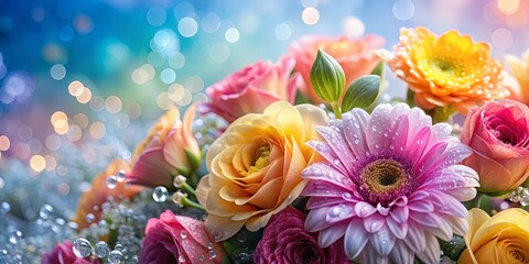 A Delicate Bouquet of Vibrant Flowers Adorned with Sparkling Dewdrops, Illuminated by a Soft, Shimmering Light