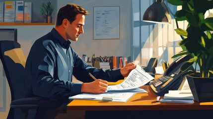 A professional accountant working on paperwork at a desk, exuding career success.