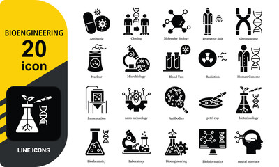 Set of outline icons related to biotechnology, biochemistry, farming, science.  Vector illustration
