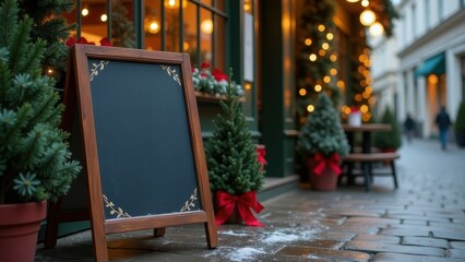  blank chalkboard at entrance of warmly illuminated building of cafe, bar, bakery or restaurant, snowy street, winter holidays. winter specials or menus, Christmas, New Year, holiday offers concept.