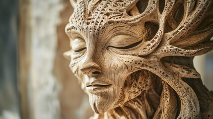 A nature-inspired sculpture in an art gallery features elaborate carvings that embody the spirit of animism.