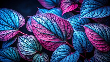 A symphony of blue and magenta hues paint a vibrant tapestry on the surface of these intricate leaf veins.