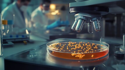 Close-up of a petri dish with microorganisms under a microscope in a biology lab, scientists conducting vaccine research in the background, detailed and realistic