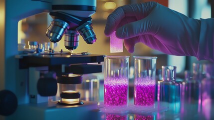 Close-up of a researcher s hands handling a slide with microorganisms under a microscope, vaccine experiment in progress, ultra-realistic lab scene