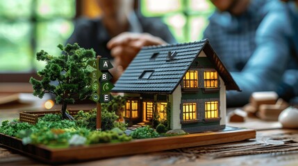 Close Up of Energy Label with Colors Next to Miniature House Model on Table, Focus on People Discussing Green Real Estate, Green Tree Near Home