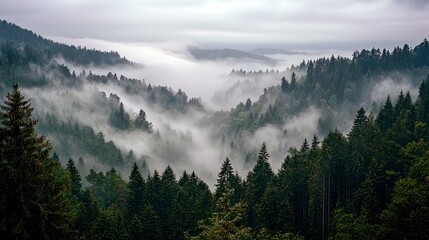 Obraz premium A valley filled with fog, surrounded by dense pine trees.