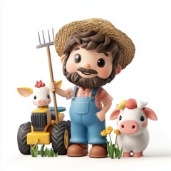 Fototapeta premium Playful 3D Farmer with Tractor and Animals