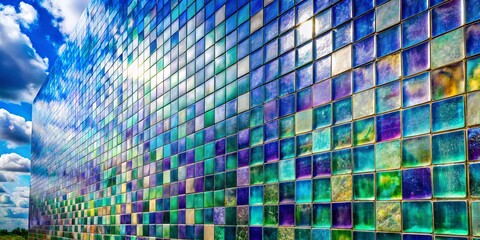 A vibrant mosaic wall with iridescent tiles reflecting the sky, creating a captivating interplay of light and color.