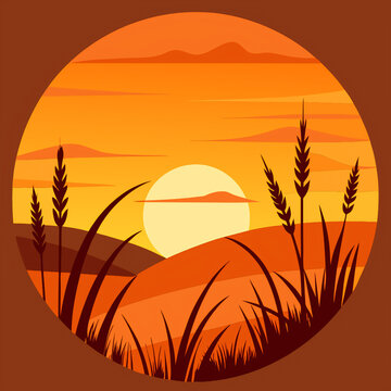 wheat field at sunset. sunset, sun, nature, landscape, sky, grass, sunrise, field, orange, summer, silhouette, vector, evening, yellow, plant, illustration, tree, autumn, wheat, farm, agriculture, mea