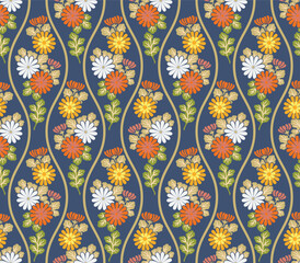 Japanese Bouquet Wave Line Vector Seamless Pattern