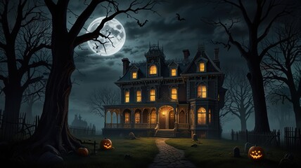 Fototapeta premium A spooky Victorian mansion stands in the dark woods under a full moon, with pumpkins and graves scattered around.