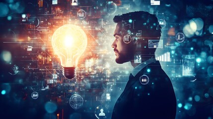 Businessman holding light bulb and brain network with icon business and technology, innovative in futuristic, network connection on interface background, abstract, innovation and technologies. 