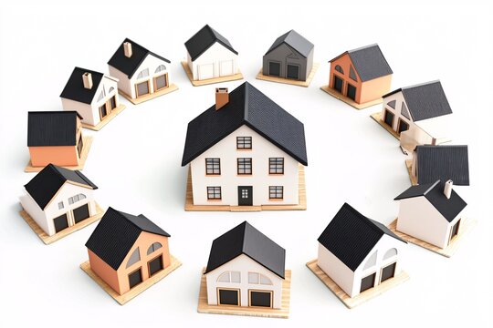 A clear depiction of shared property ownership using 3D house models and ownership division icons against a plain backdrop.