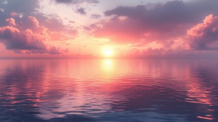 Fototapeta premium Serene sunset over calm ocean waters with vivid colors reflecting on the surface during twilight hours