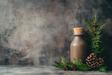 Rustic holiday arrangement with a brown bottle, pinecones, and evergreen sprigs on a textured background