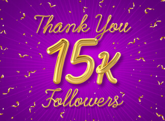 Thank you 15k followers poster with confetti background, Thank you followers social media post. 3d illustration.