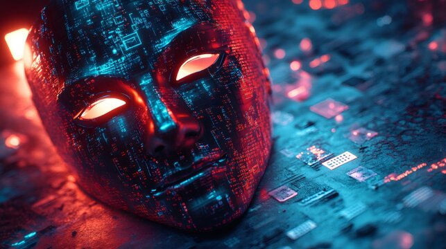 cyberpunk mask, the anonymous group mask on a futuristic surface with neon lights and code bits for a mysterious, hacker vibe