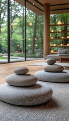 Stacked stones on a wooden floor. Image portrays a Zen garden aesthetic.
