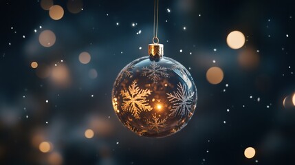 holiday bauble, glittering glass Christmas ornament, floating with snowflakes, highlighting its details under gentle holiday lights