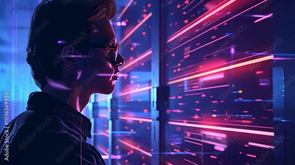 Poster A person with glasses studies colorful data flashes on server racks, immersed in technology at a modern facility, highlighting the interplay of light and information.