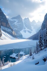 Fototapeta premium Snowy Mountain Landscape with Serene Lake and Pine Forest in Pastel Colors