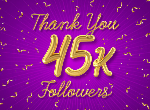 Thank you 45k followers poster with confetti background, Thank you followers social media post. 3d illustration.