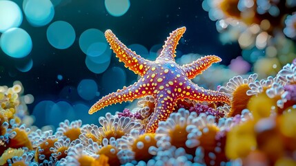A vibrant starfish with yellow dots on its body sits on a bed of coral with pink and white polyps.