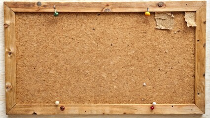 A well-worn corkboard with a wooden frame, featuring several thumbtacks and a piece of torn paper, offering a blank canvas for creativity.