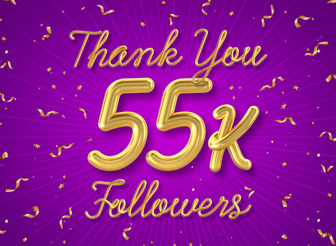 Thank you 55k followers poster with confetti background, Thank you followers social media post. 3d illustration.
