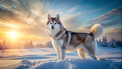 Naklejka premium A majestic husky stands tall, a proud silhouette against the breathtaking backdrop of a winter sunset, its eyes reflecting the golden hues of the sky.